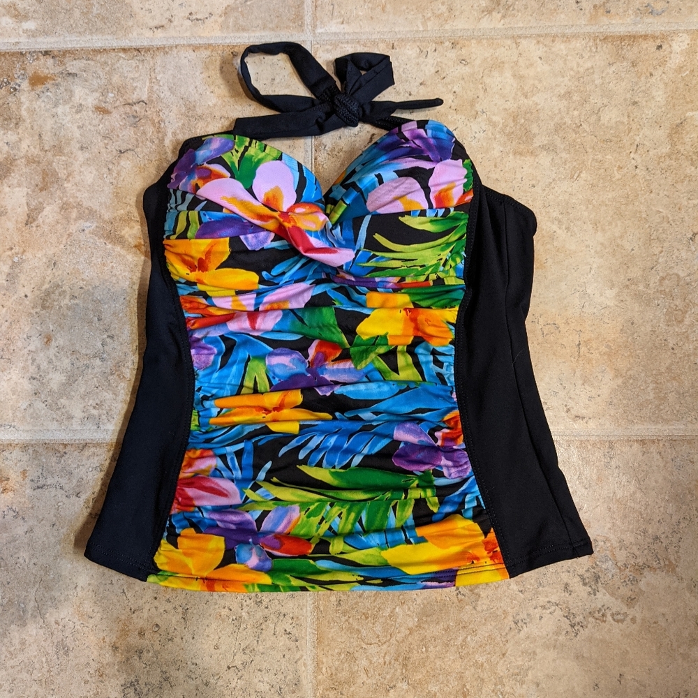 La Blanca Black And Floral Tankini Top, Siz